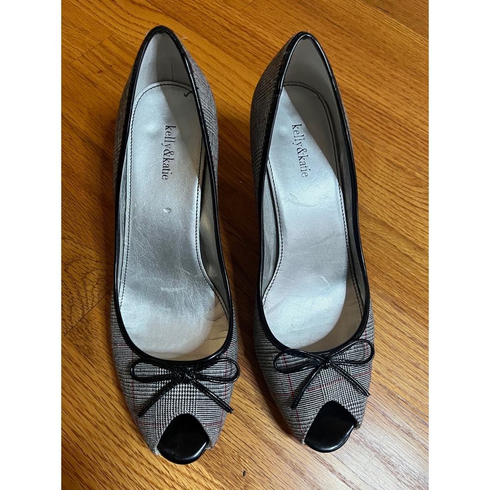 Kelly & Katie Women Plaid Peep Toe Heels Shoes Black White Red Bow Accent  8.5